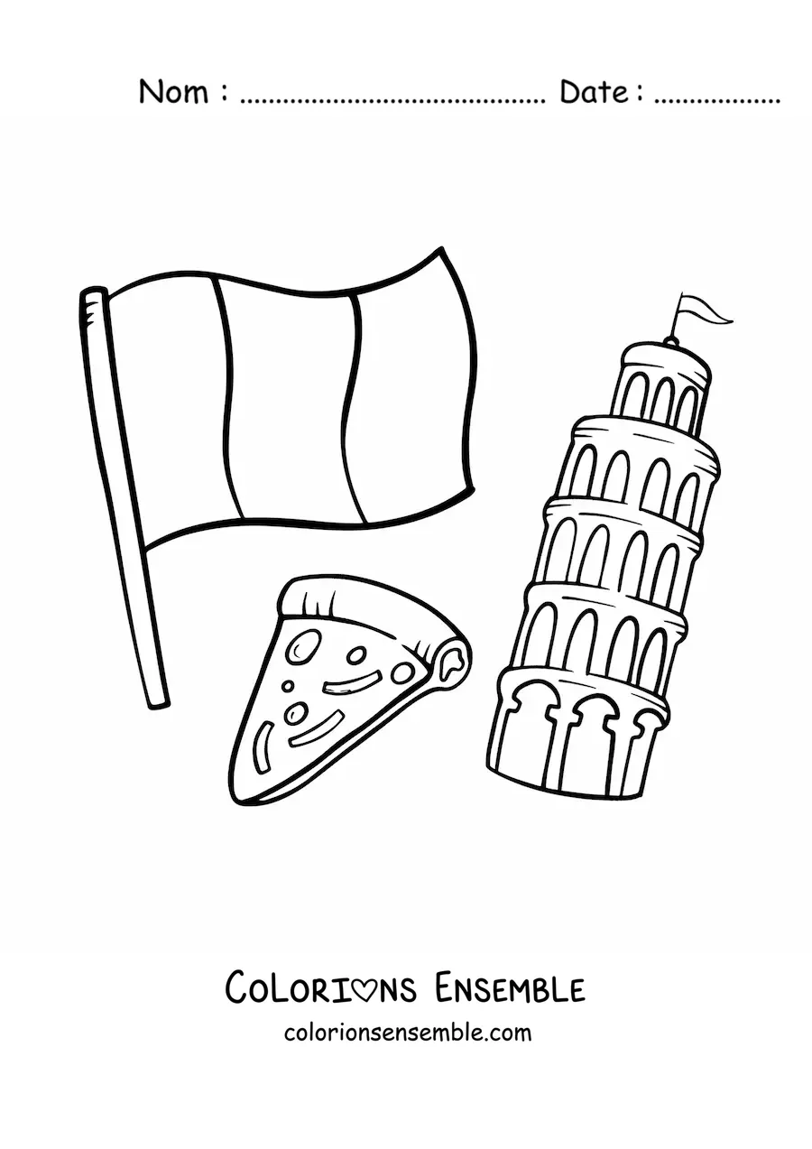 Image à colorier du drapeau de l'Italie avec une pizza et la tour de Pise