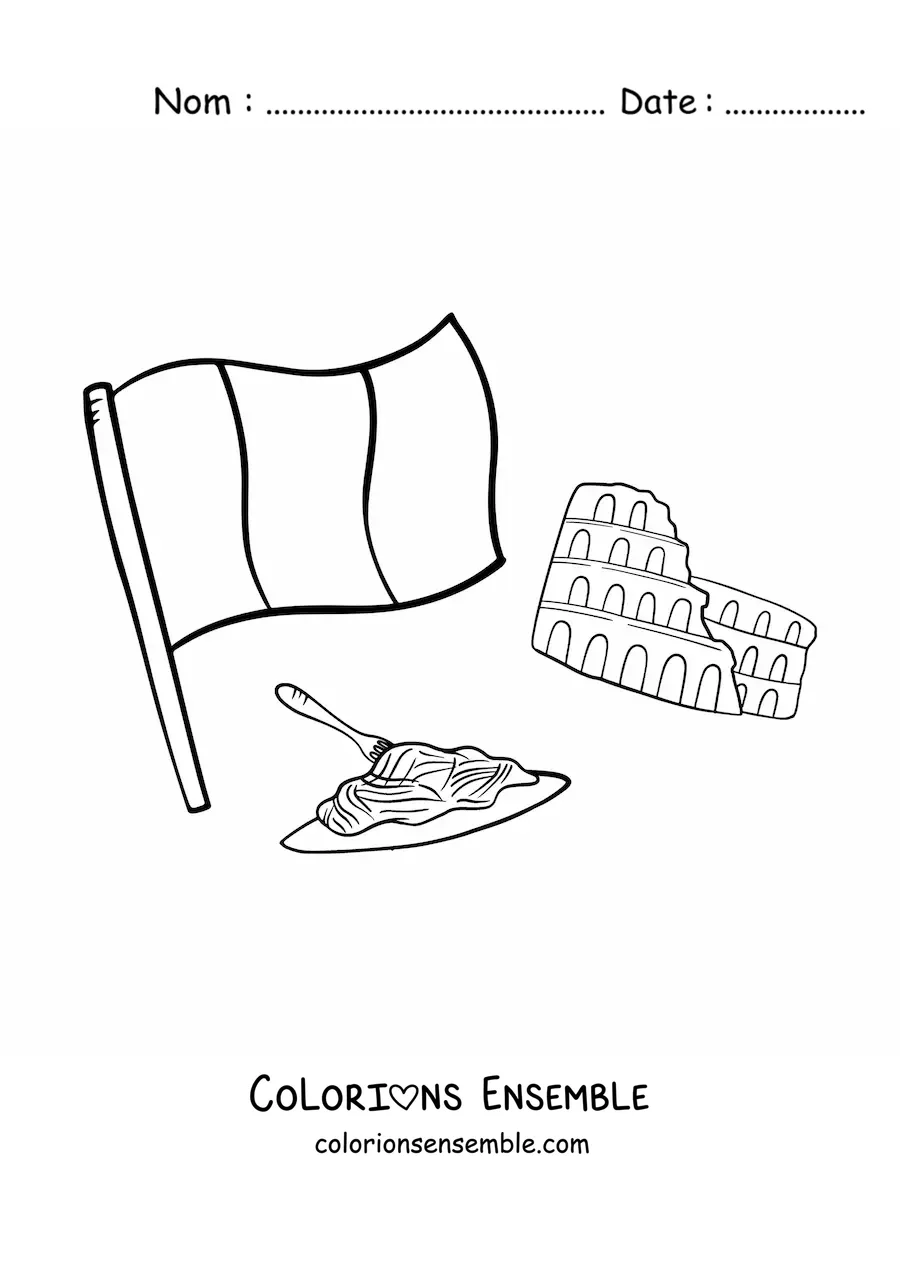Image à colorier du drapeau de l'Italie avec des pâtes et le Colisée de Rome