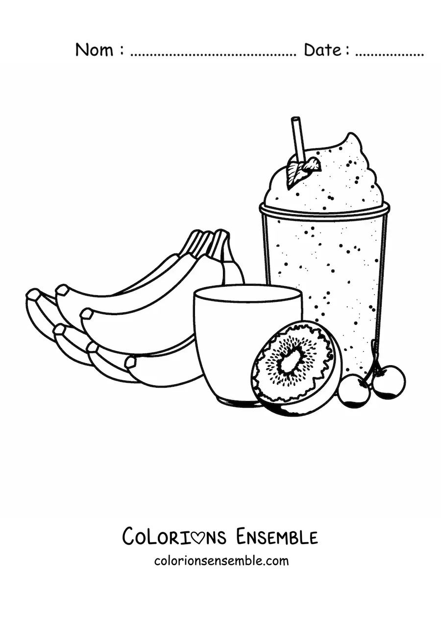Image à colorier d'un verre de milkshake à la banane avec un kiwi et une cerise