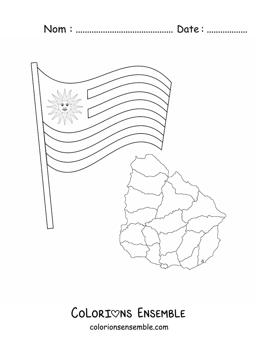 Image à colorier du drapeau de l'Uruguay avec une carte