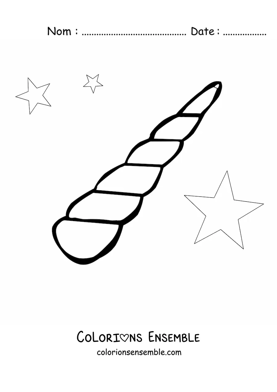 Image à colorier d’une corne de licorne avec des étoiles en arrière-plan