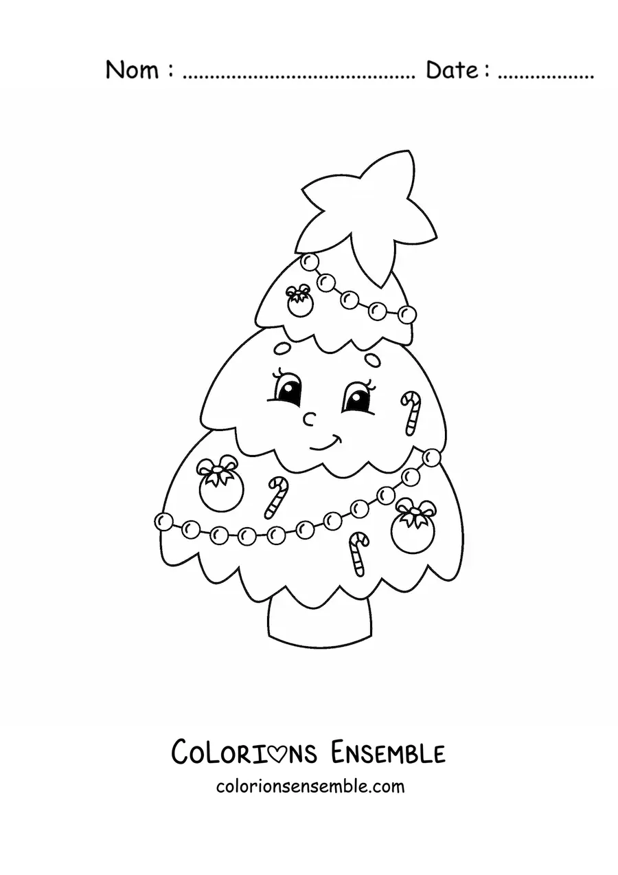 Image à colorier d'un sapin de Noël kawaii animé avec des cannes en sucre et des guirlandes