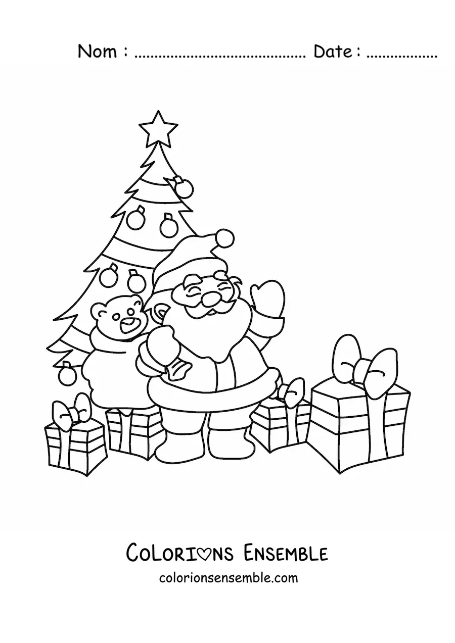 Image à colorier du Père Noël avec un sapin de Noël et des cadeaux