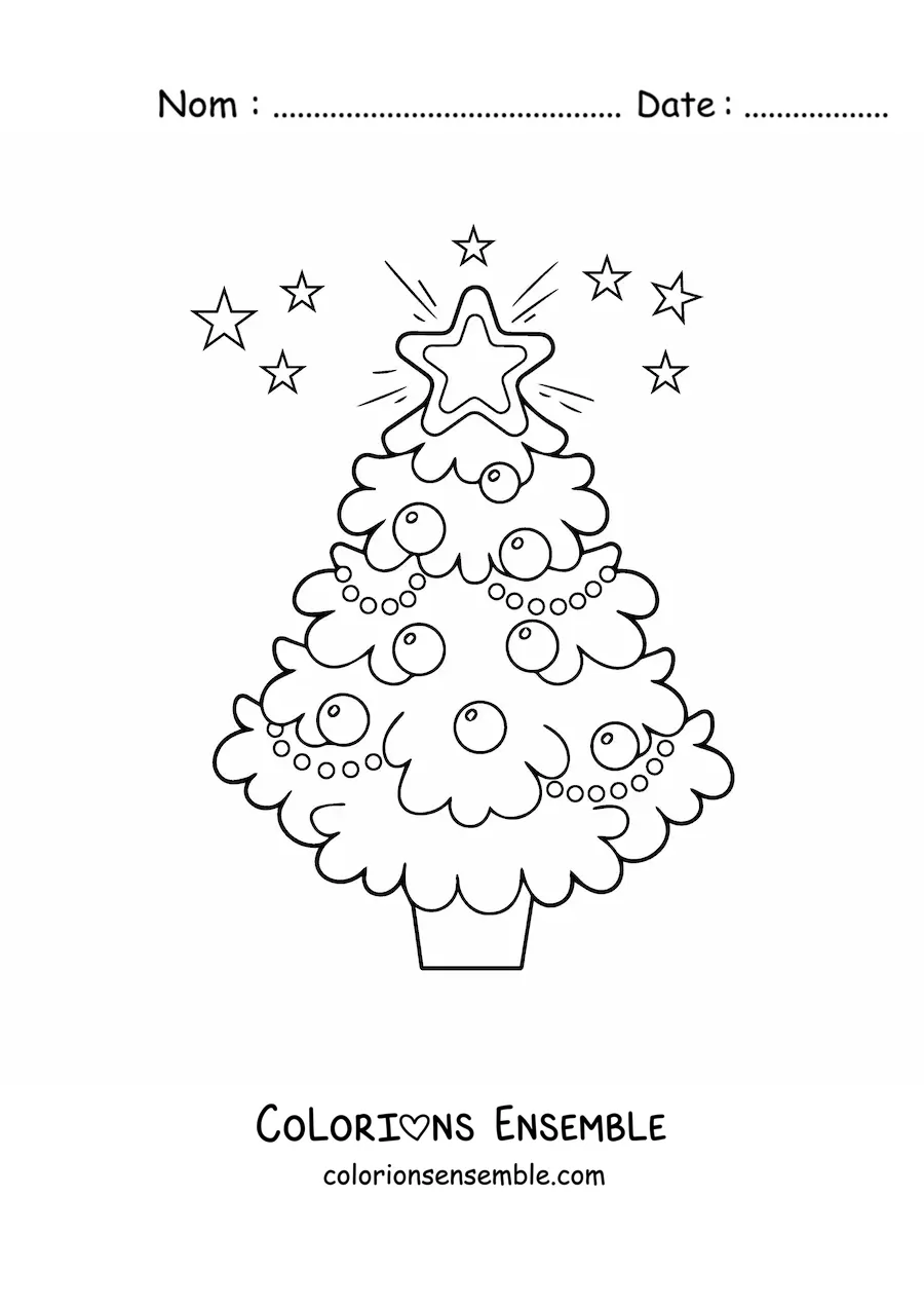 Image à colorier d'un grand sapin de Noël décoré d'étoiles tout autour