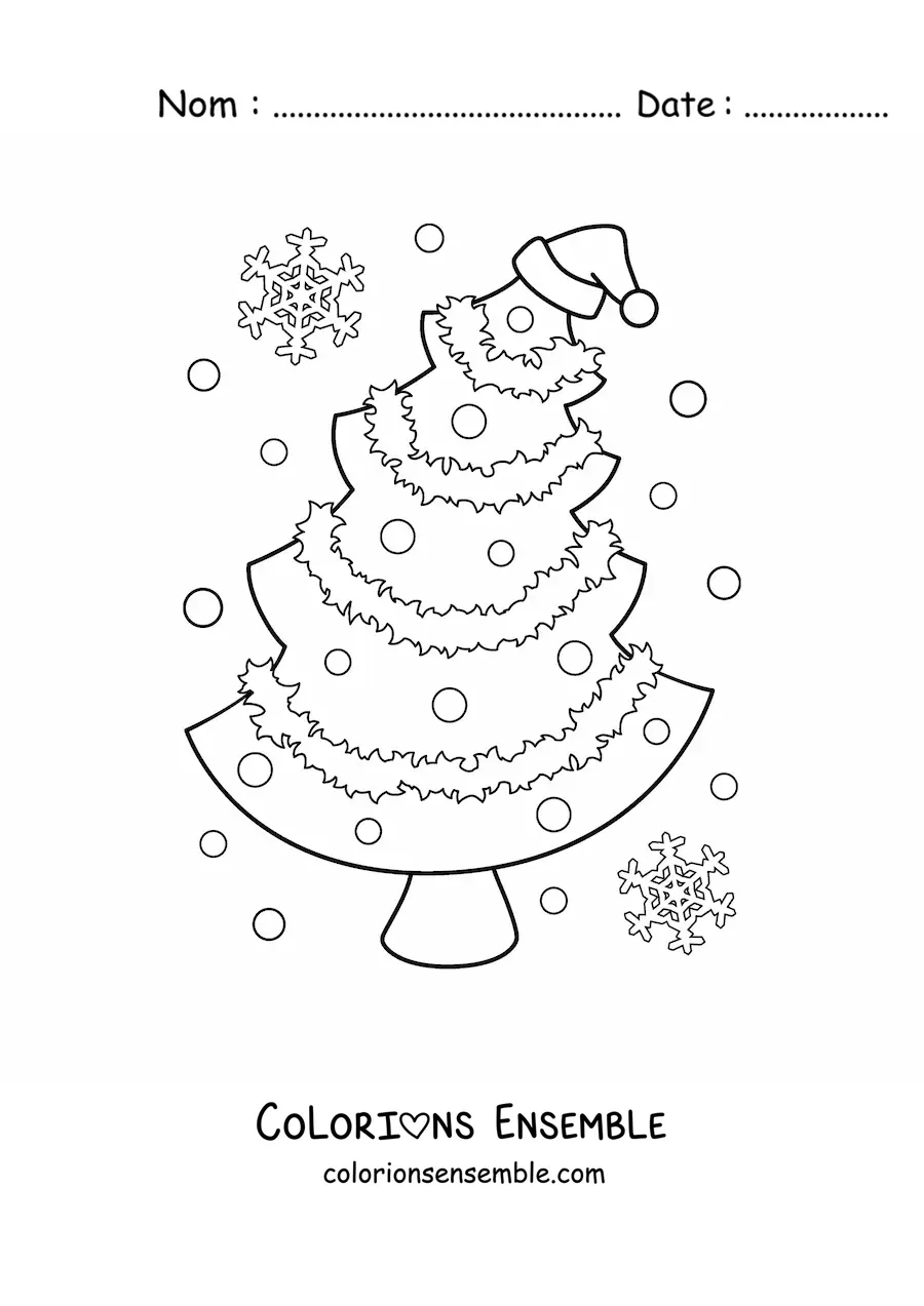 Image à colorier d'un sapin de Noël avec un bonnet de Noël et des flocons de neige autour