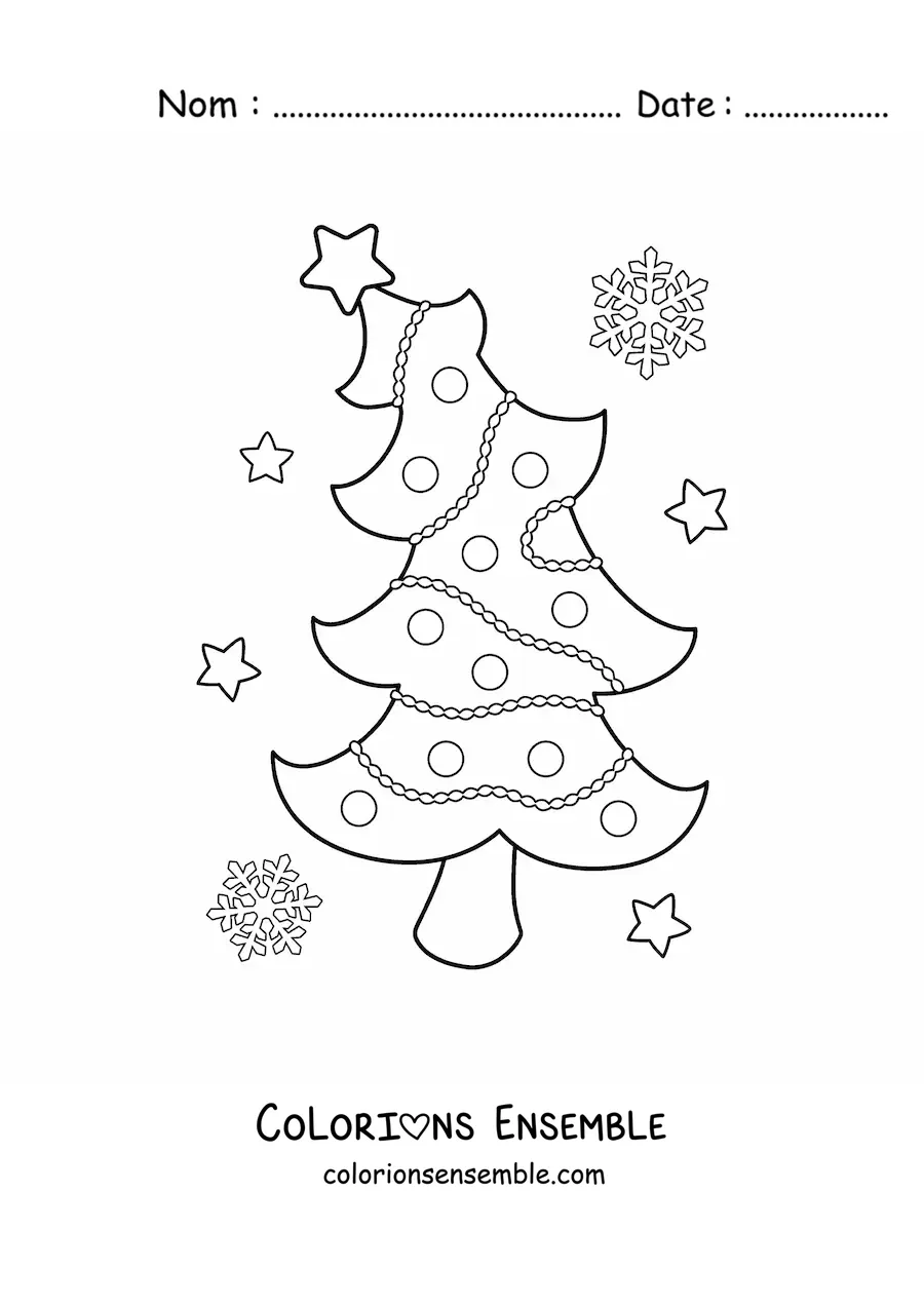 Image à colorier d'un sapin de Noël avec des étoiles et des flocons de neige en arrière-plan