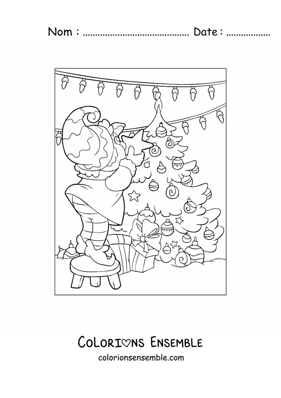 Image à colorier d'un lutin du Père Noël posant l'étoile sur le sapin