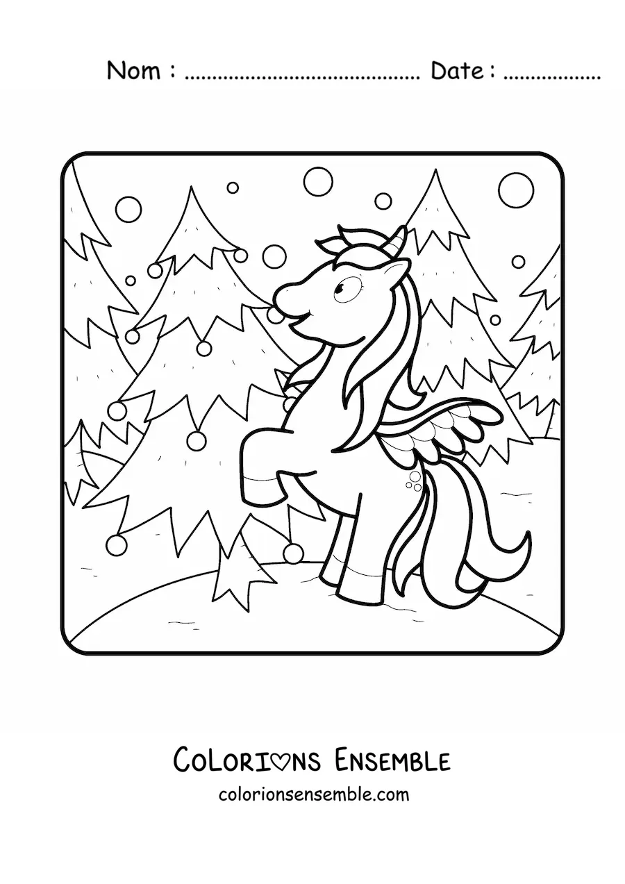 Image à colorier d'une licorne animée à côté d'un sapin de Noël