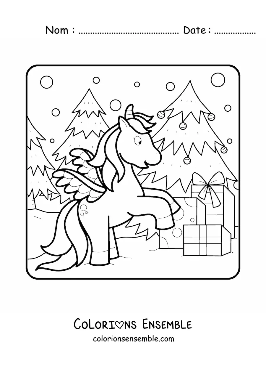 Image à colorier d'une licorne animée à côté d'un sapin de Noël avec des cadeaux