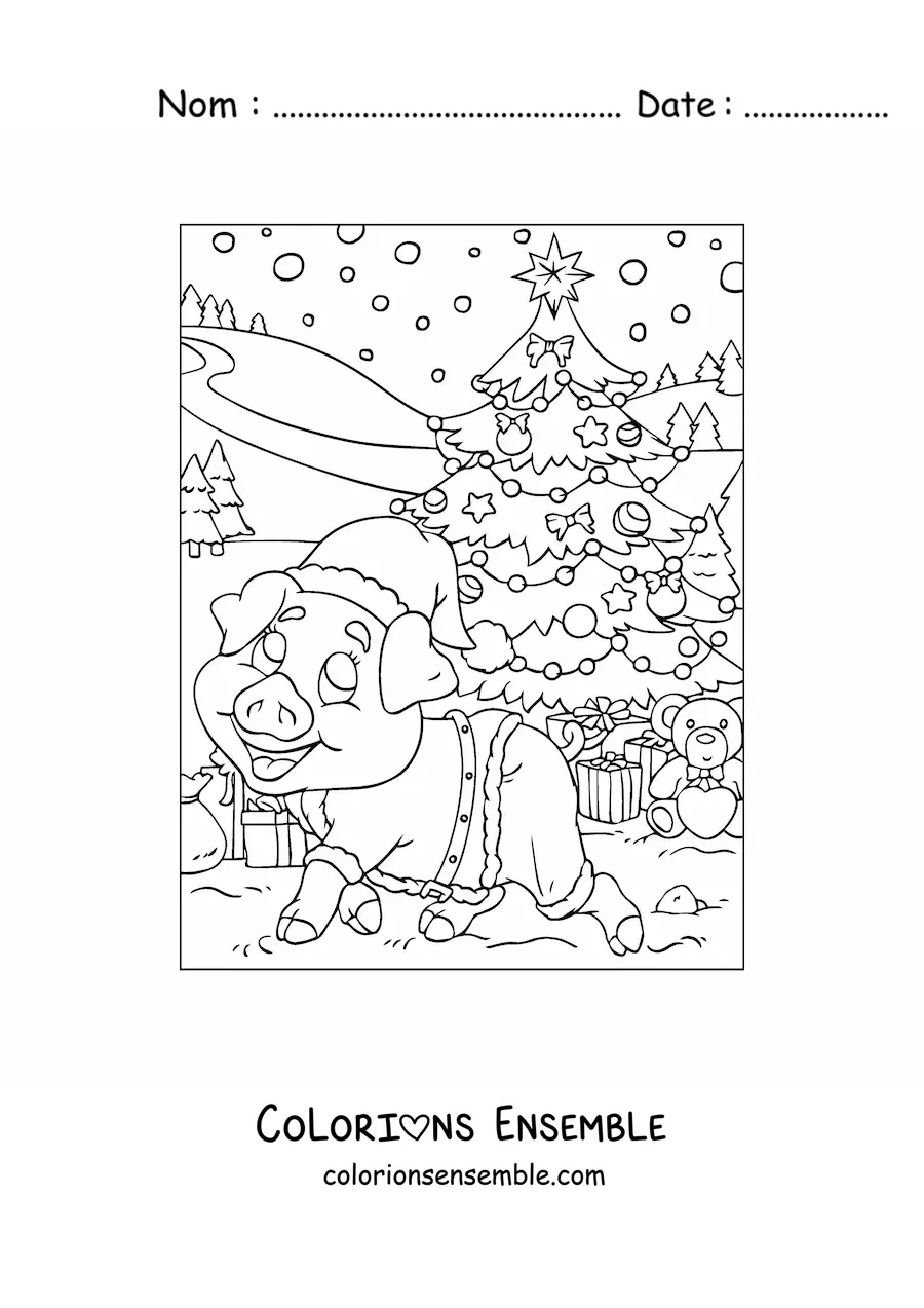 Image à colorier d'un cochon animé déguisé en Père Noël avec un sapin de Noël et des cadeaux