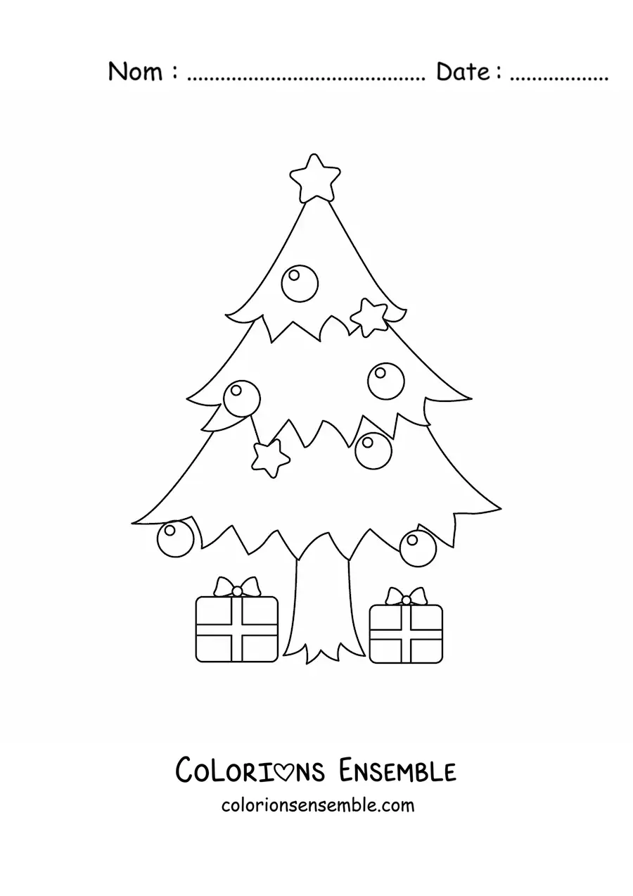 Image à colorier d'un sapin de Noël avec des cadeaux