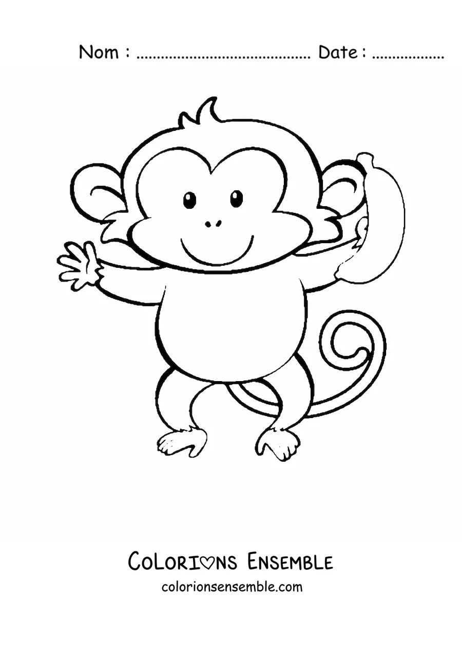 Image à colorier d'un singe animé kawaii qui mange une banane