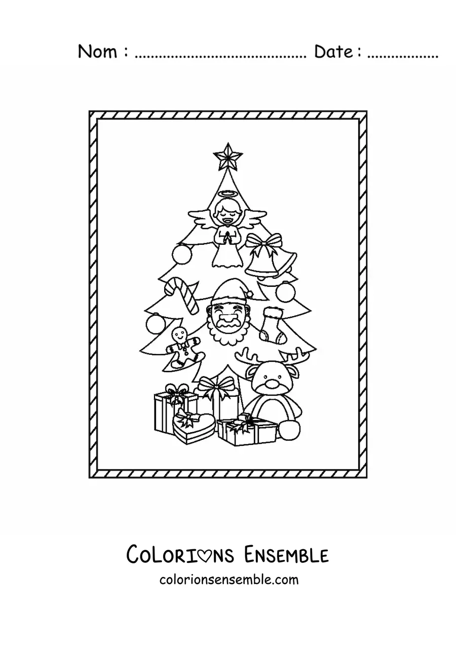 Image à colorier d'un sapin de Noël décoré avec des cadeaux en dessous