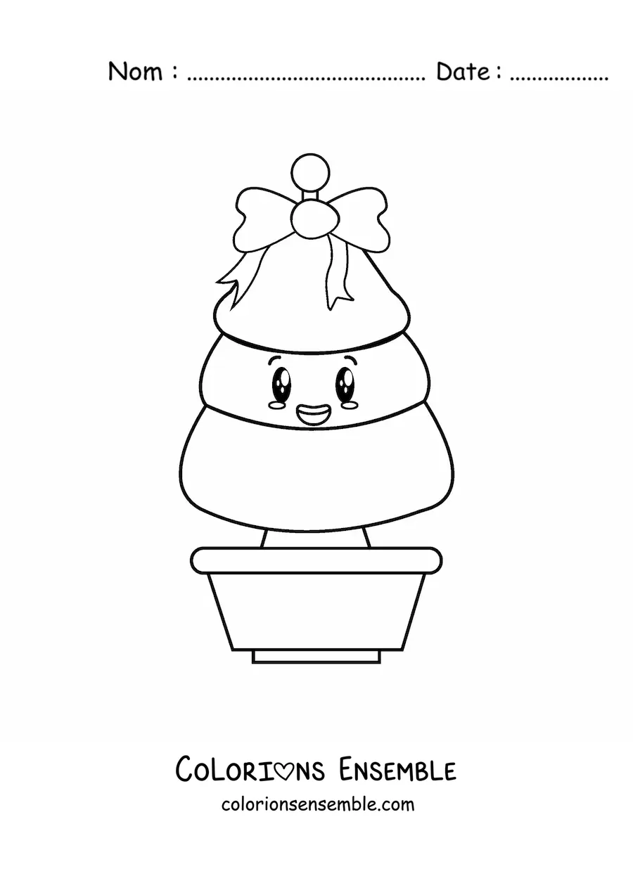 Image à colorier d'un petit sapin de Noël kawaii avec un nœud dans un pot