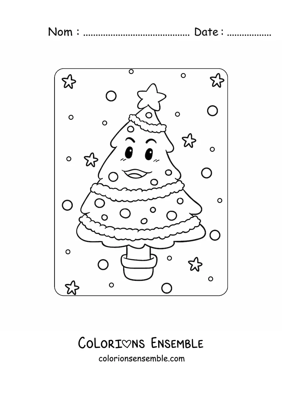Image à colorier d'un petit sapin de Noël animé dans un pot