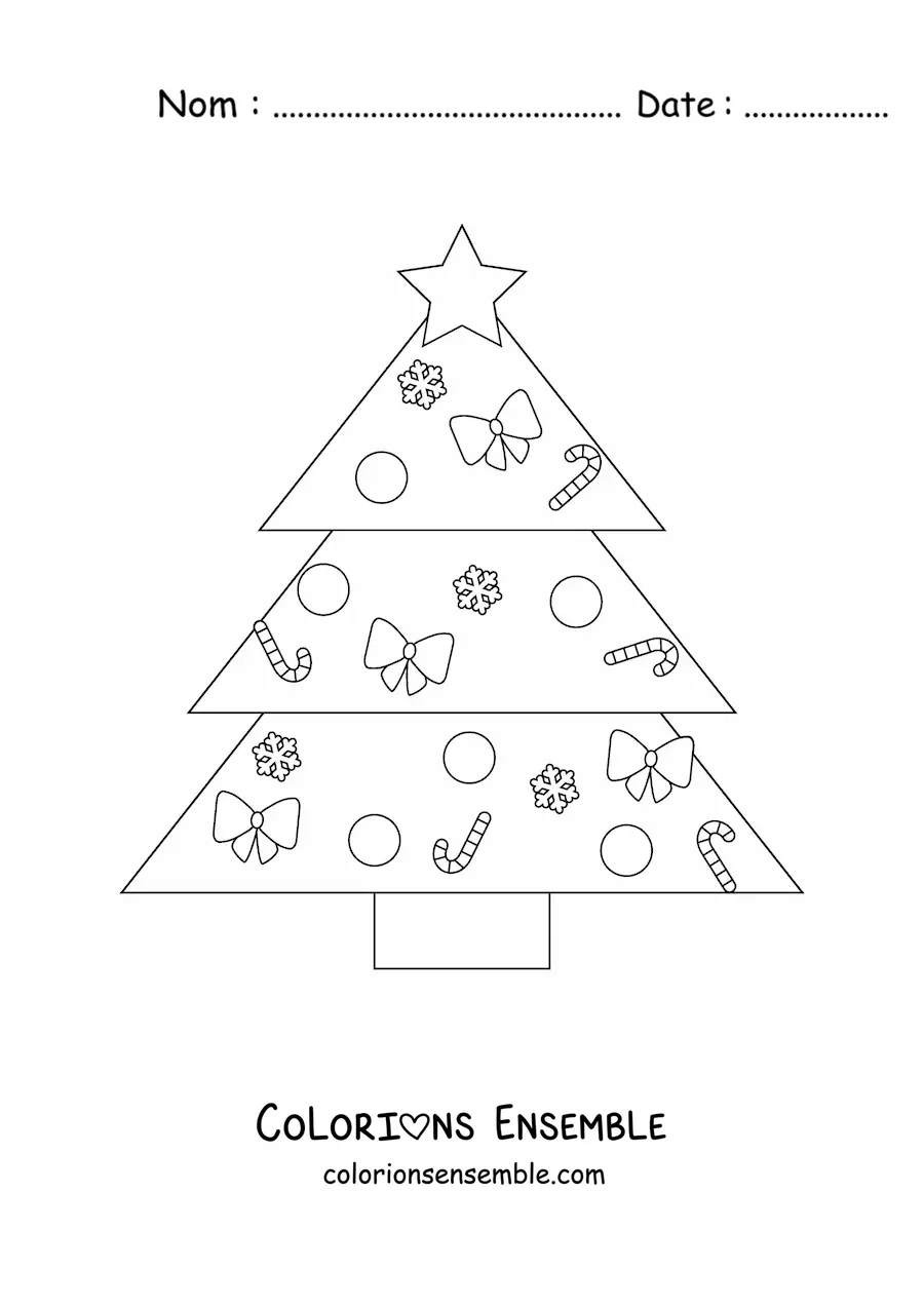 Image à colorier d'un petit sapin de Noël en forme de triangles décoré de cannes en sucre