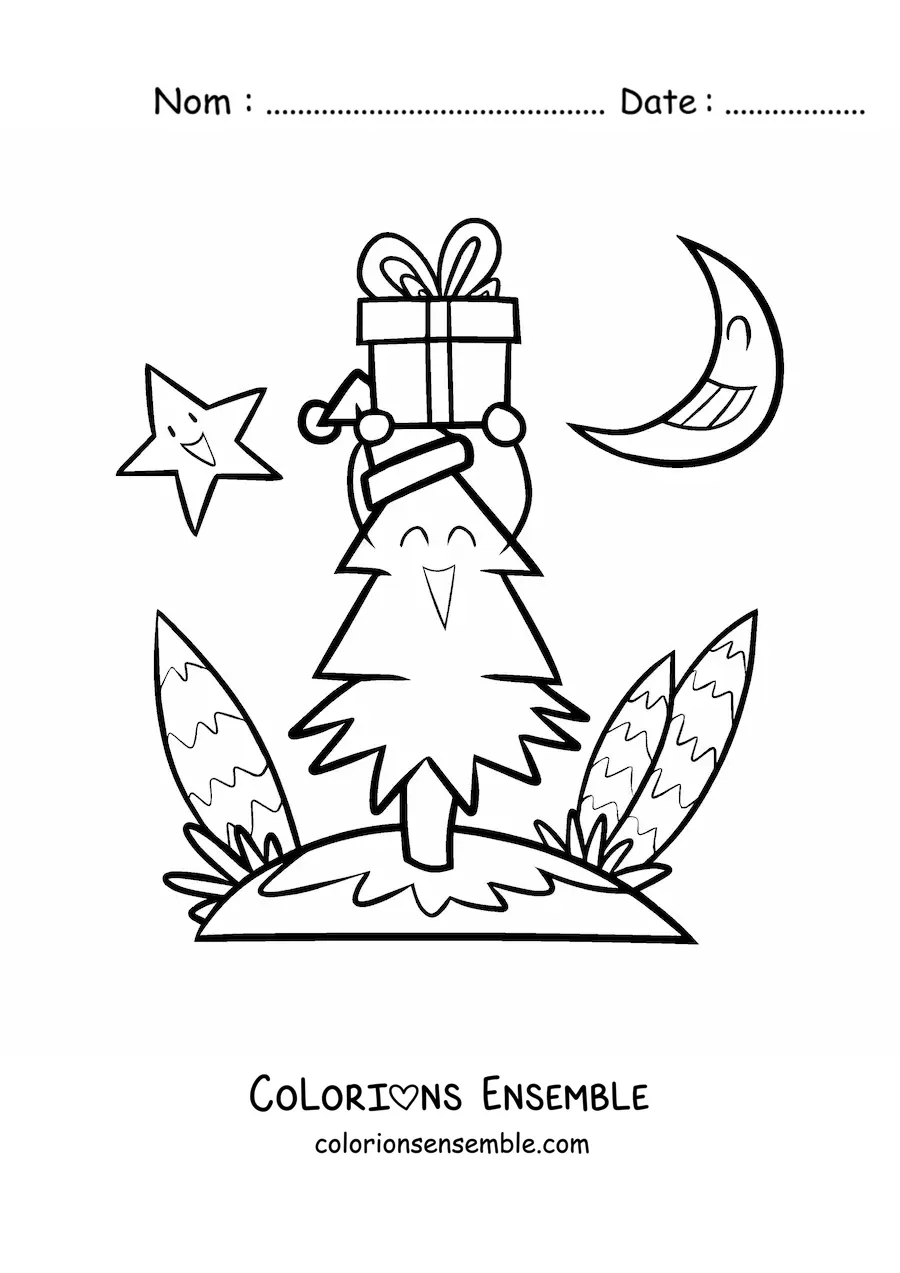 Image à colorier d'un petit sapin de Noël animé avec un cadeau, la Lune et une étoile en arrière-plan