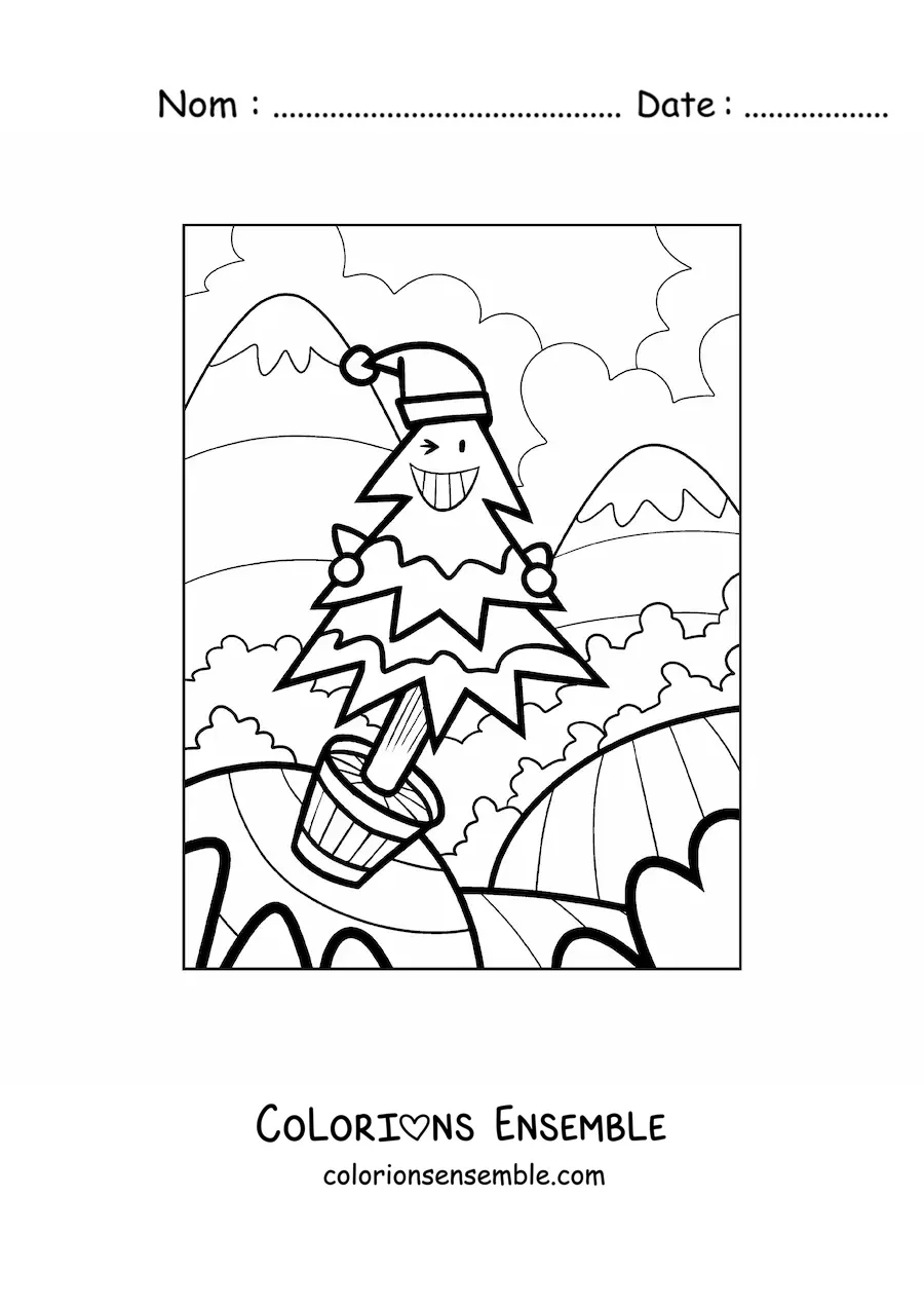 Image à colorier d'une caricature d'un petit sapin de Noël animé dans un pot
