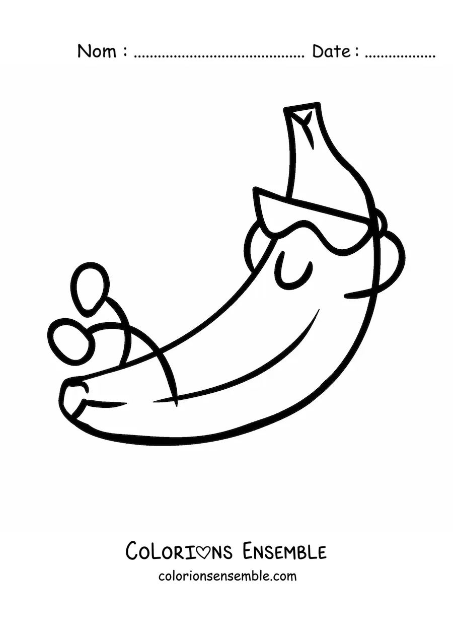 Image à colorier d'une banane animée qui se repose avec des lunettes de soleil