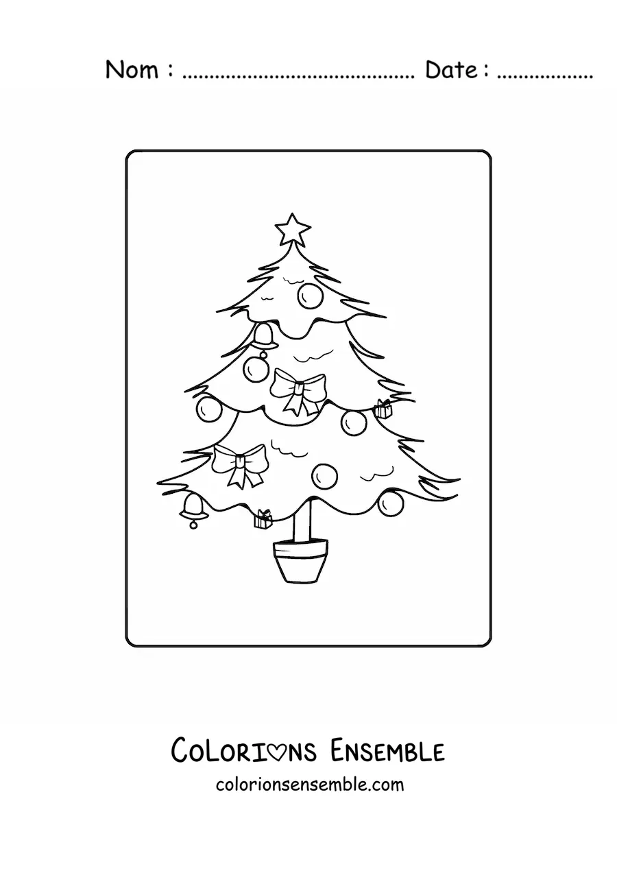 Image à colorier d'un petit sapin de Noël avec des nœuds dans un pot