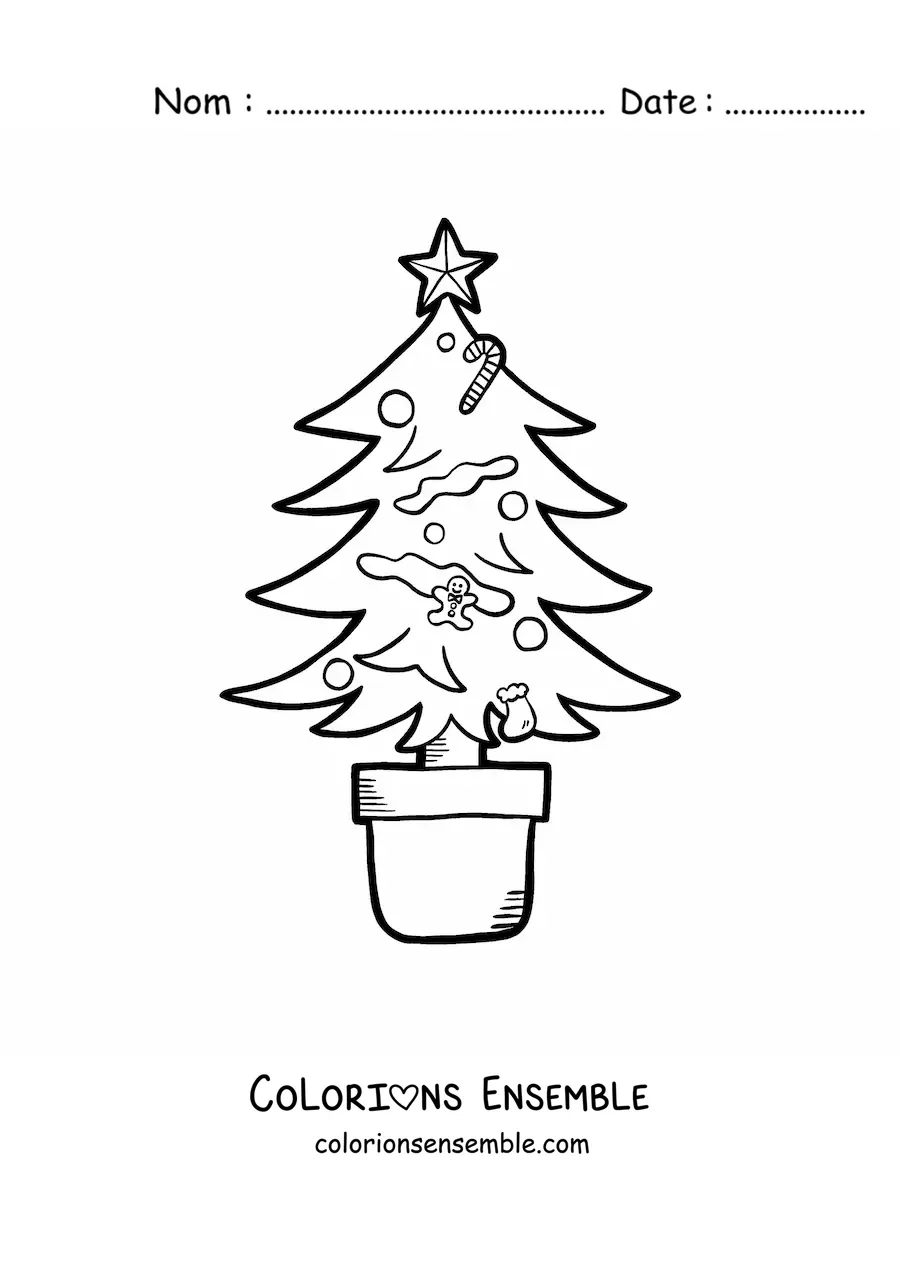 Image à colorier d'un petit sapin de Noël avec des décorations dans un pot