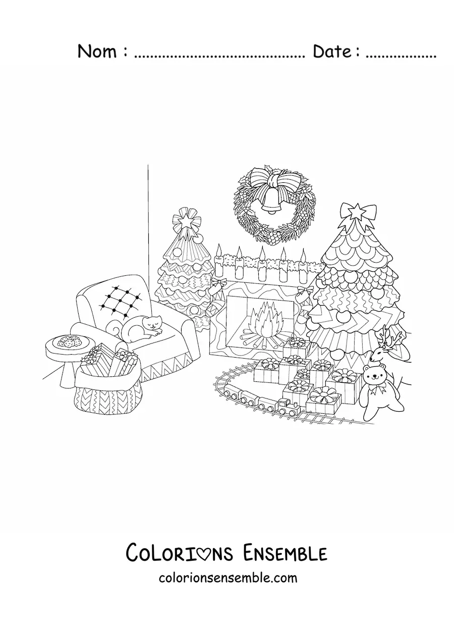 Image à colorier d'un petit sapin de Noël dans un salon décoré avec des cadeaux et des jouets en dessous