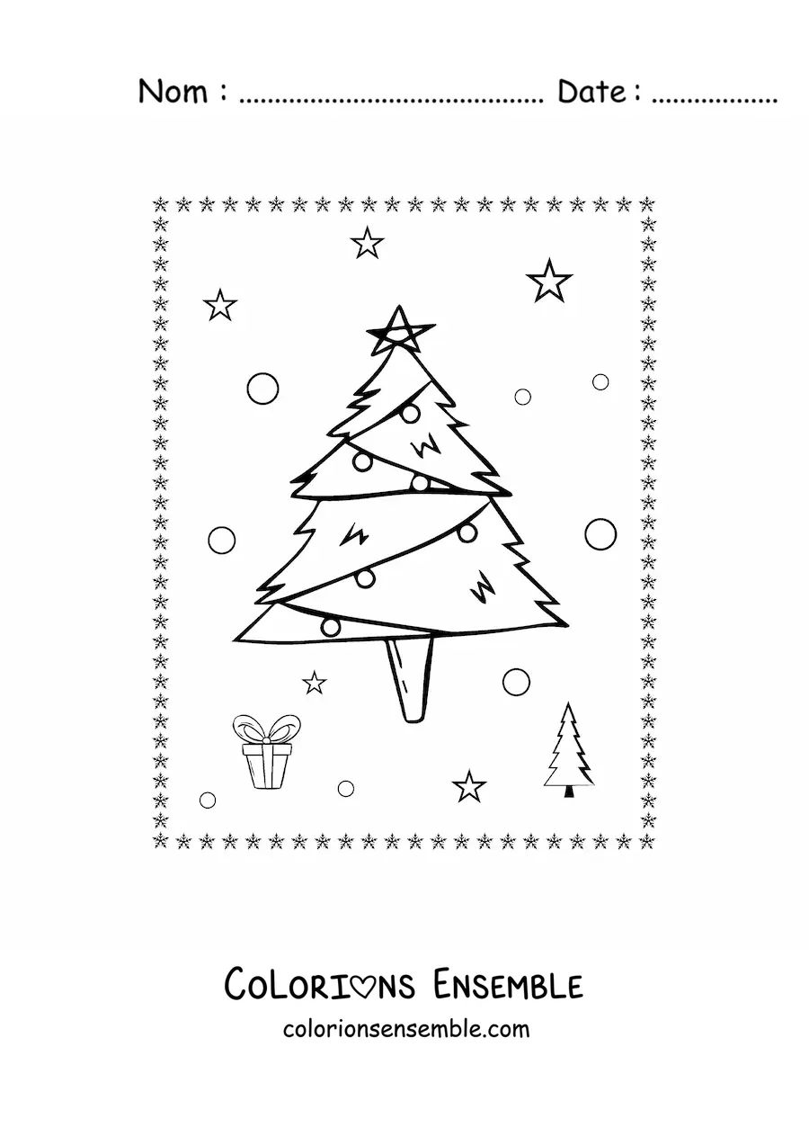 Image à colorier d'un petit sapin de Noël avec une décoration en zigzag
