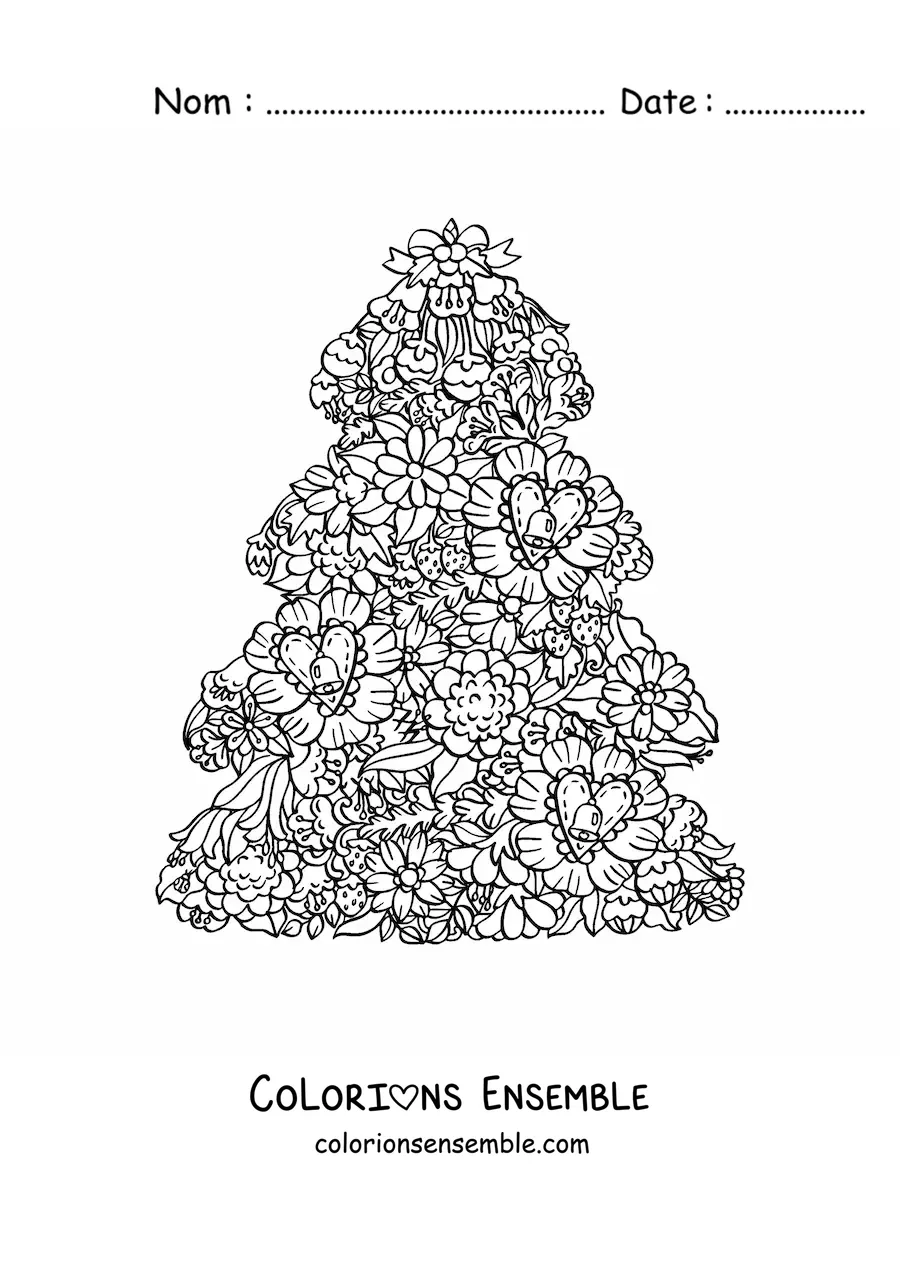 Image à colorier d'un petit sapin de Noël avec des fleurs et des cœurs