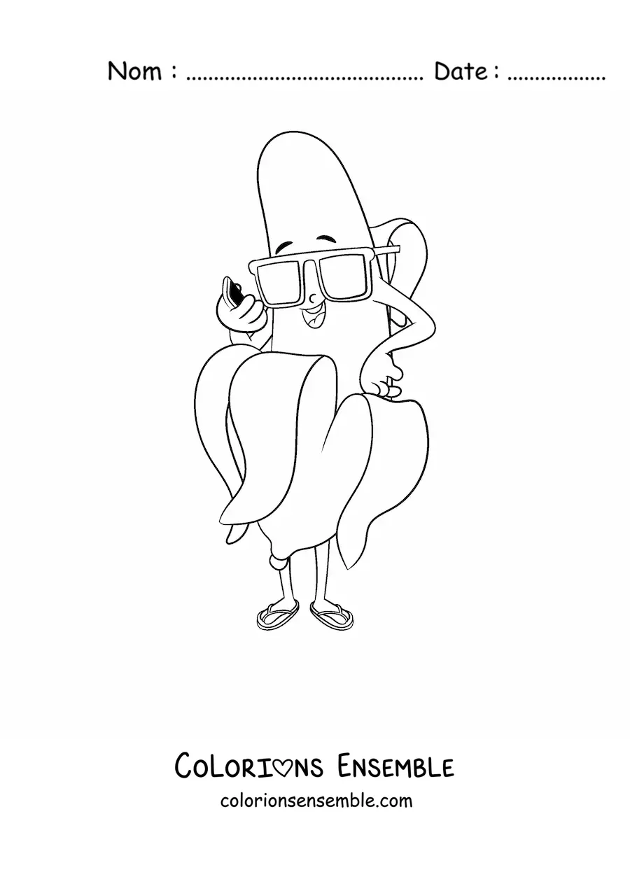 Image à colorier d'une banane animée avec des lunettes de soleil