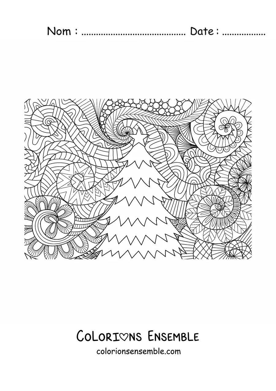 Image à colorier d'un petit sapin de Noël sur un fond de style zentangle