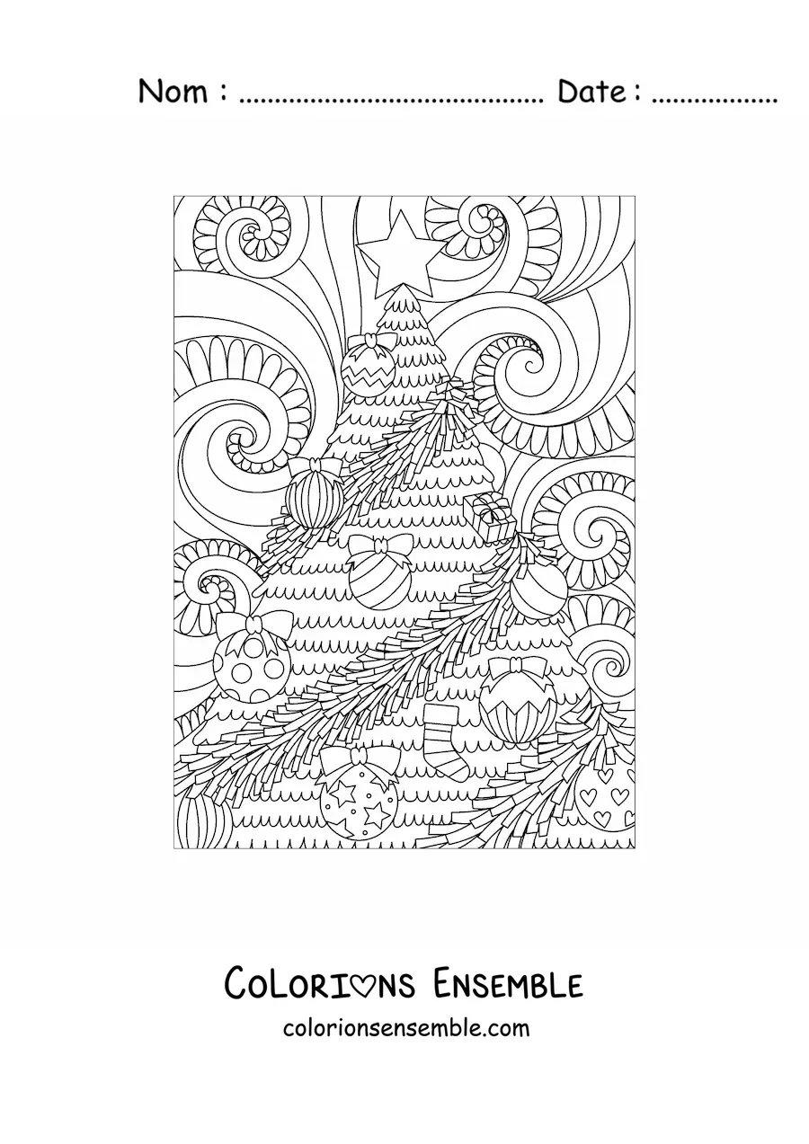 Image à colorier d'un petit sapin de Noël de style zentangle