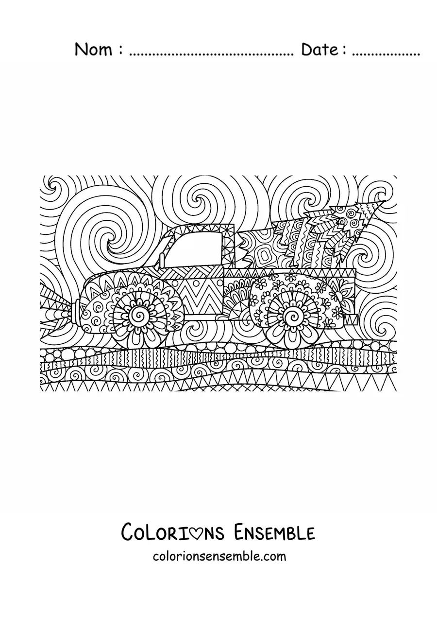 Image à colorier d'un petit sapin de Noël sur un camion, de style zentangle