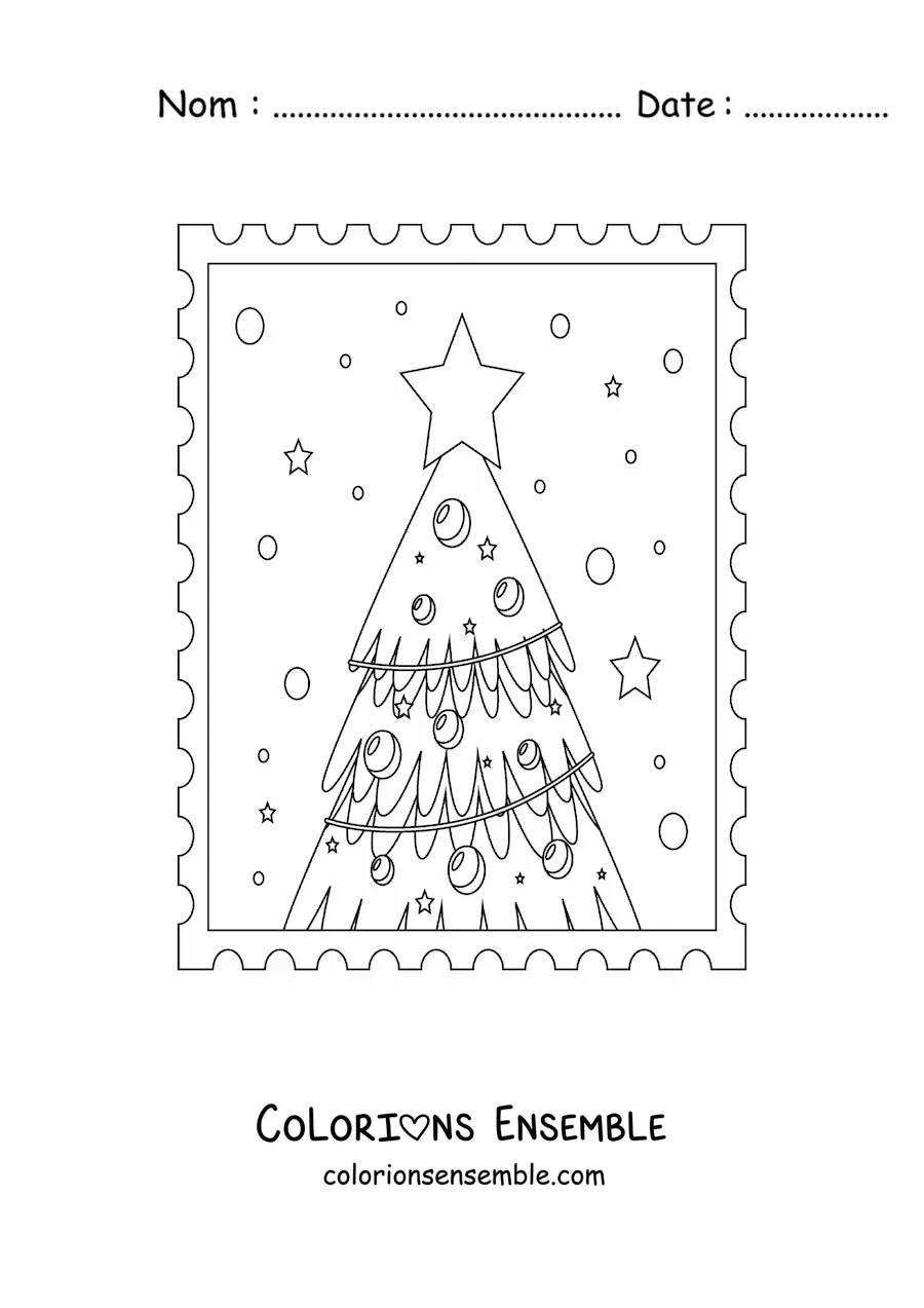 Image à colorier d'un petit sapin de Noël avec des étoiles