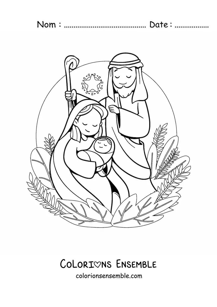 Image à colorier d'une jolie crèche de Noël