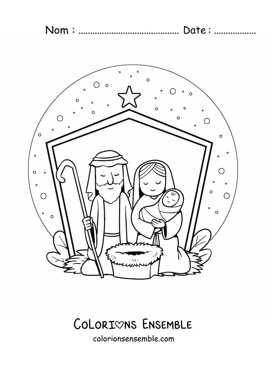 Image à colorier d'une crèche de Noël