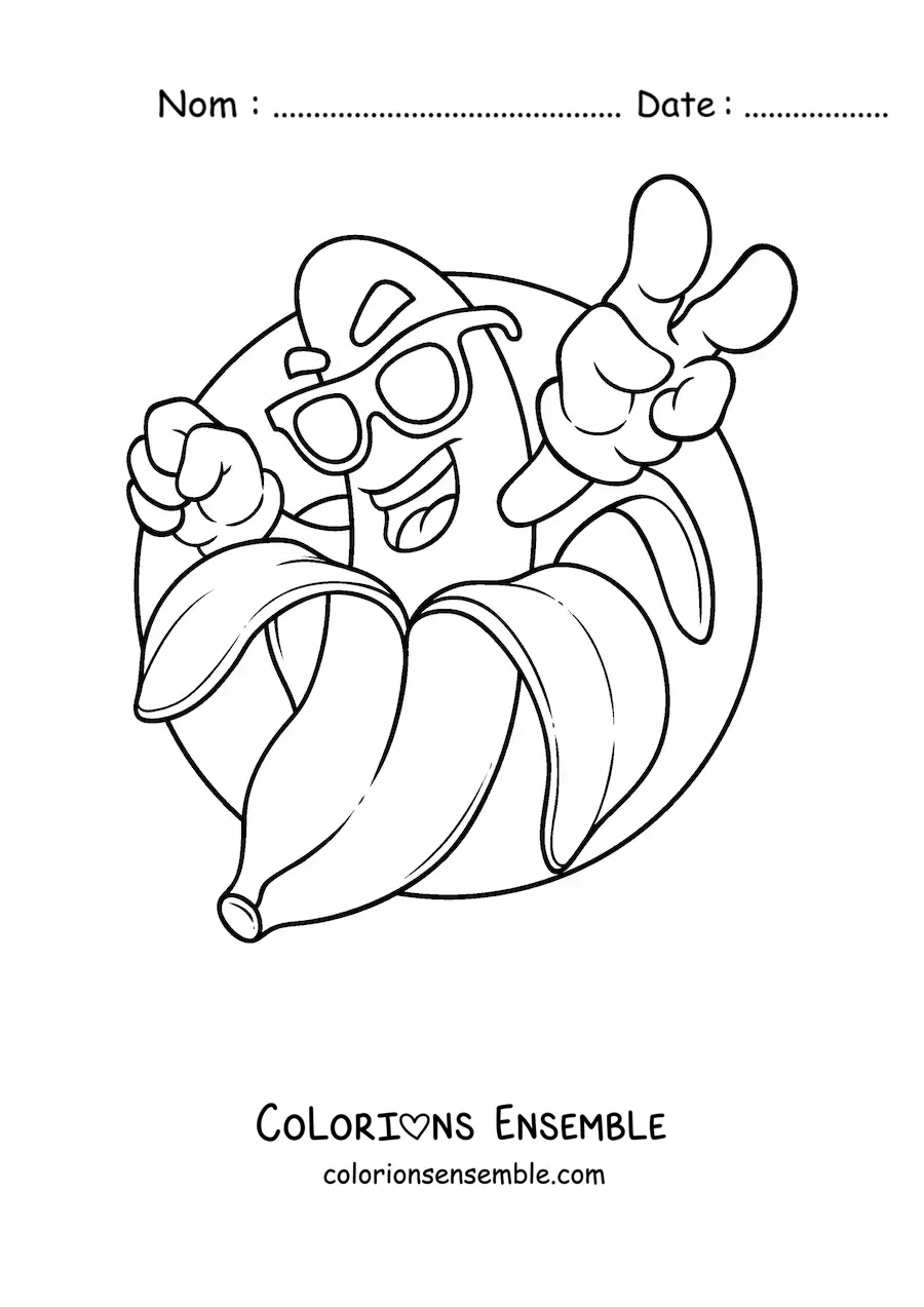 Image à colorier d'une banane animée qui salue avec des lunettes de soleil