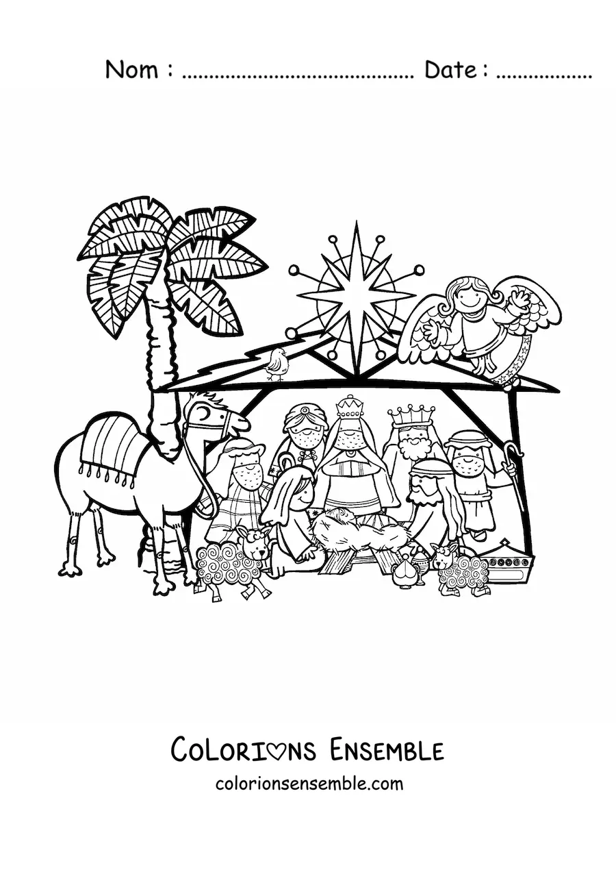 Image à colorier d'une crèche de Noël avec un chameau, des moutons, les Rois mages et l'ange Gabriel