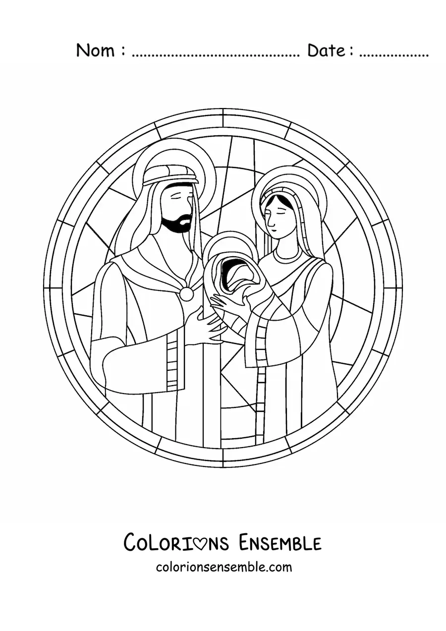 Image à colorier d'un vitrail avec une crèche de Noël