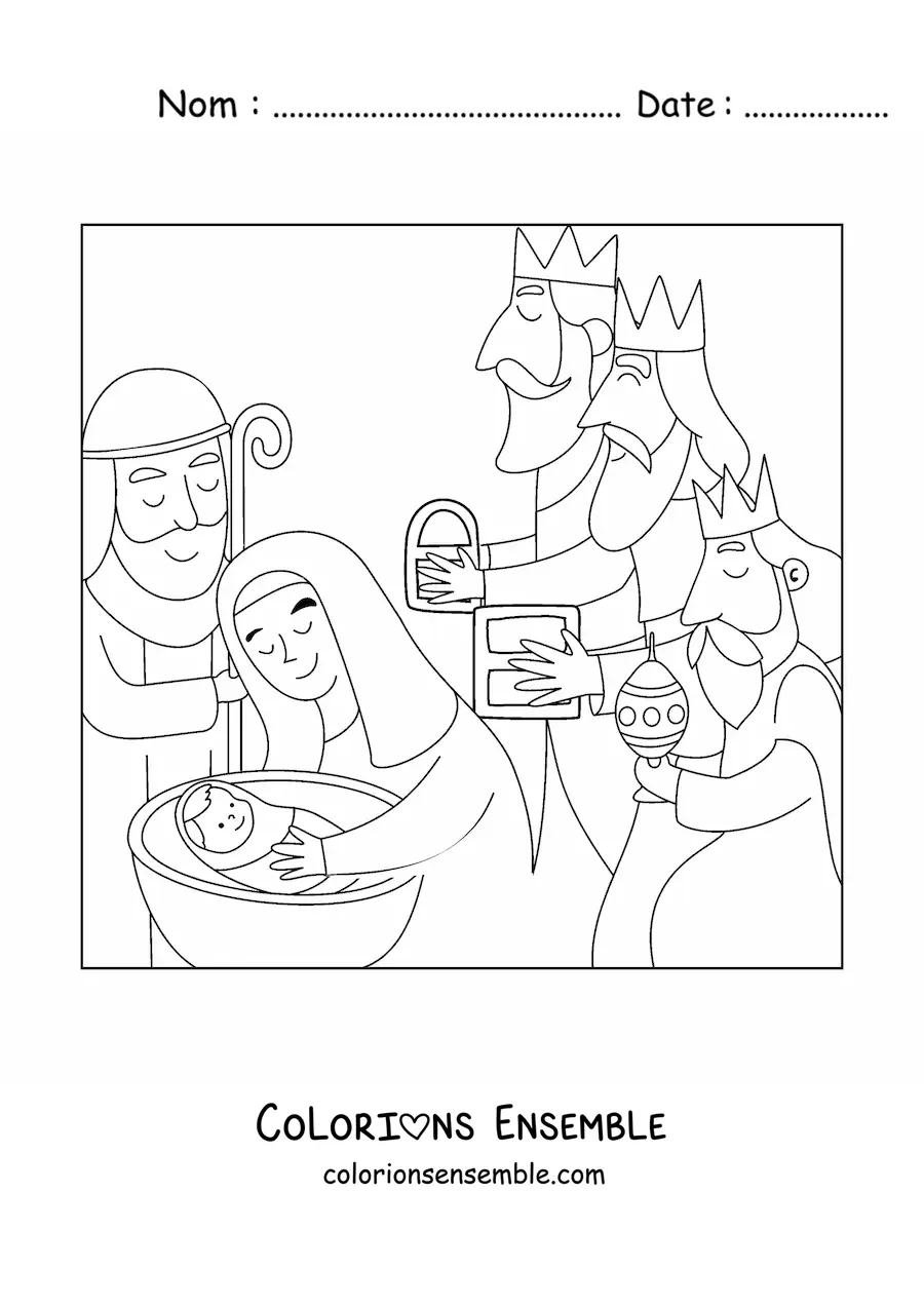 Image à colorier d'une crèche avec les Rois mages
