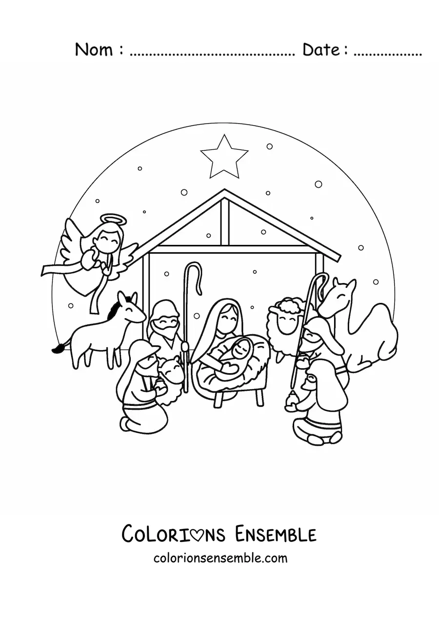 Image à colorier d'une crèche de Noël avec un chameau, un mouton, les Rois mages et l'ange Gabriel