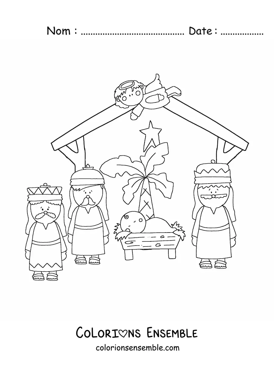 Image à colorier des Rois mages et de l'ange Gabriel avec l'Enfant Jésus dans la crèche