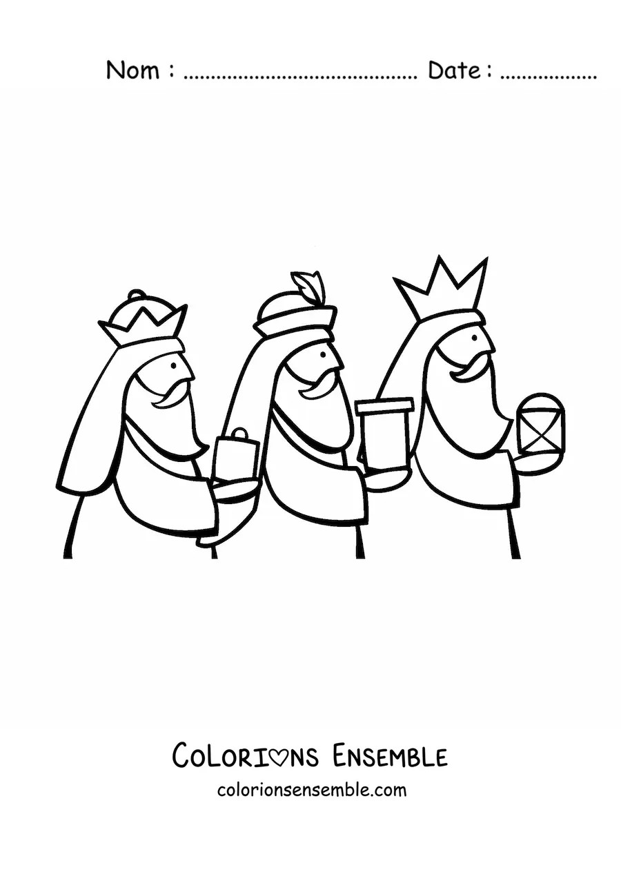 Image à colorier des Rois mages avec des cadeaux