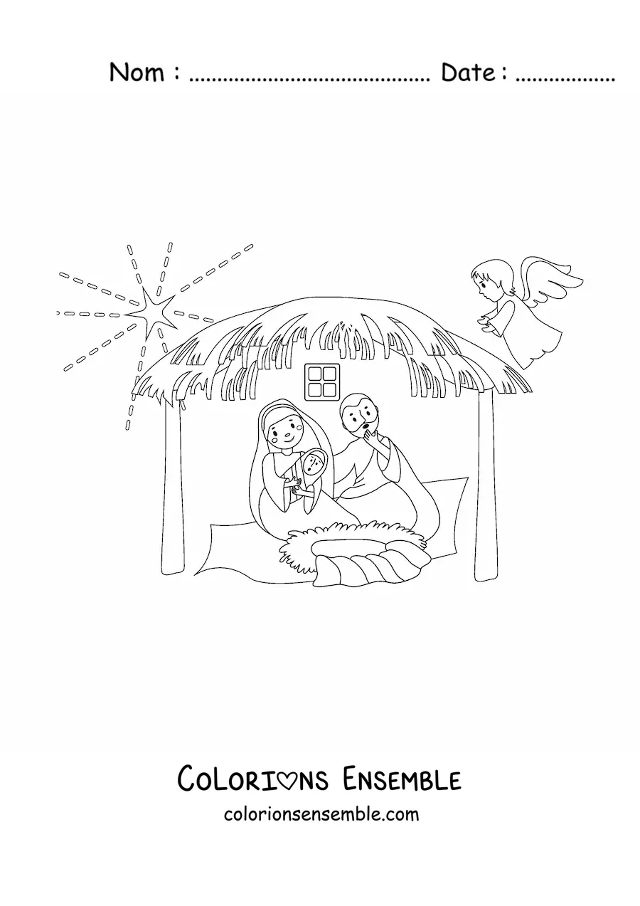 Image à colorier de Marie avec Joseph et Jésus dans la crèche