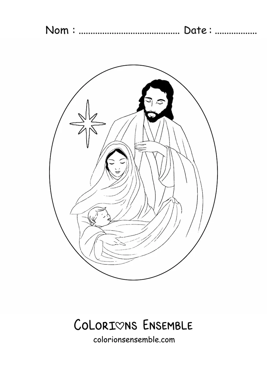 Image à colorier de Marie avec Joseph et Jésus et l'étoile de Bethléem