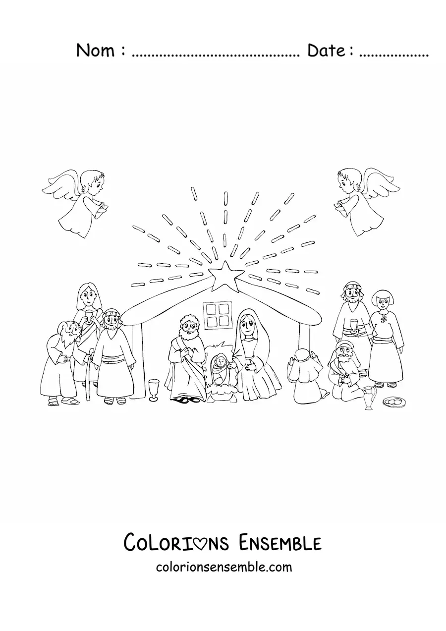 Image à colorier d'une crèche en dessin animé avec des bergers et des anges