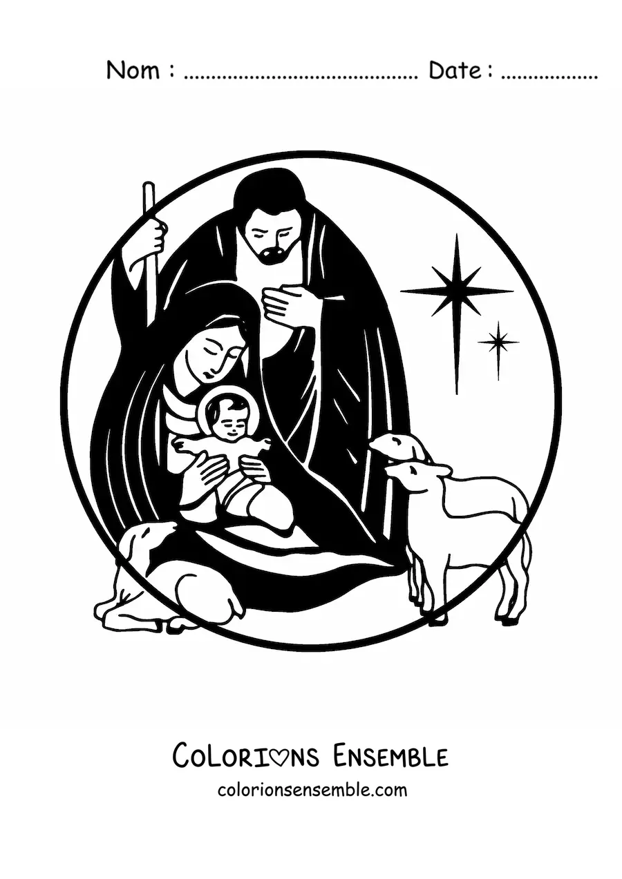 Image à colorier de Marie, Joseph et Jésus avec des animaux