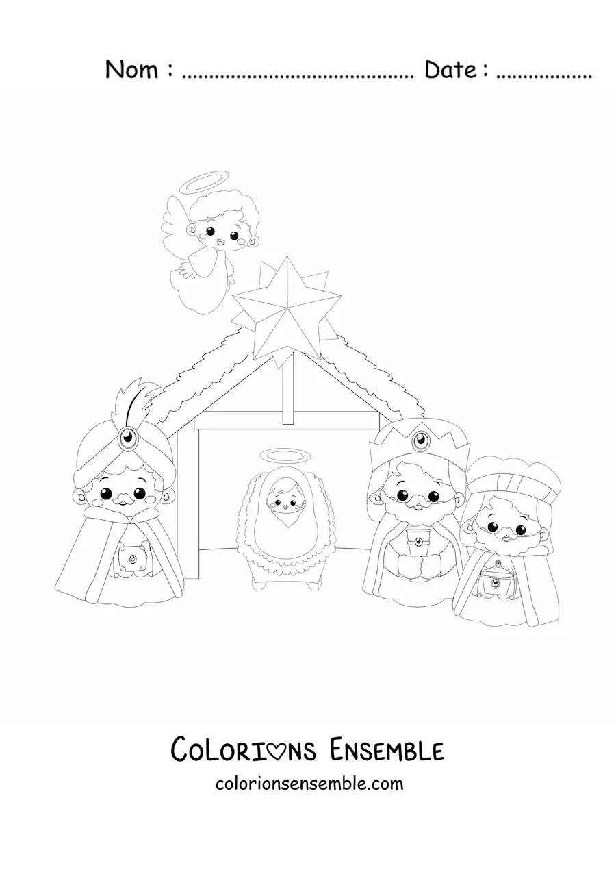 Image à colorier des Rois mages kawaii avec l'Enfant Jésus