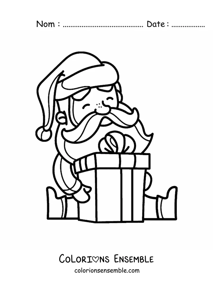 Image à colorier du Père Noël kawaii assis avec un cadeau
