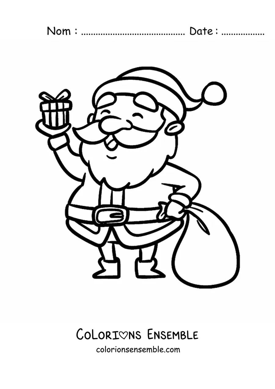 Image à colorier du Père Noël kawaii avec un cadeau