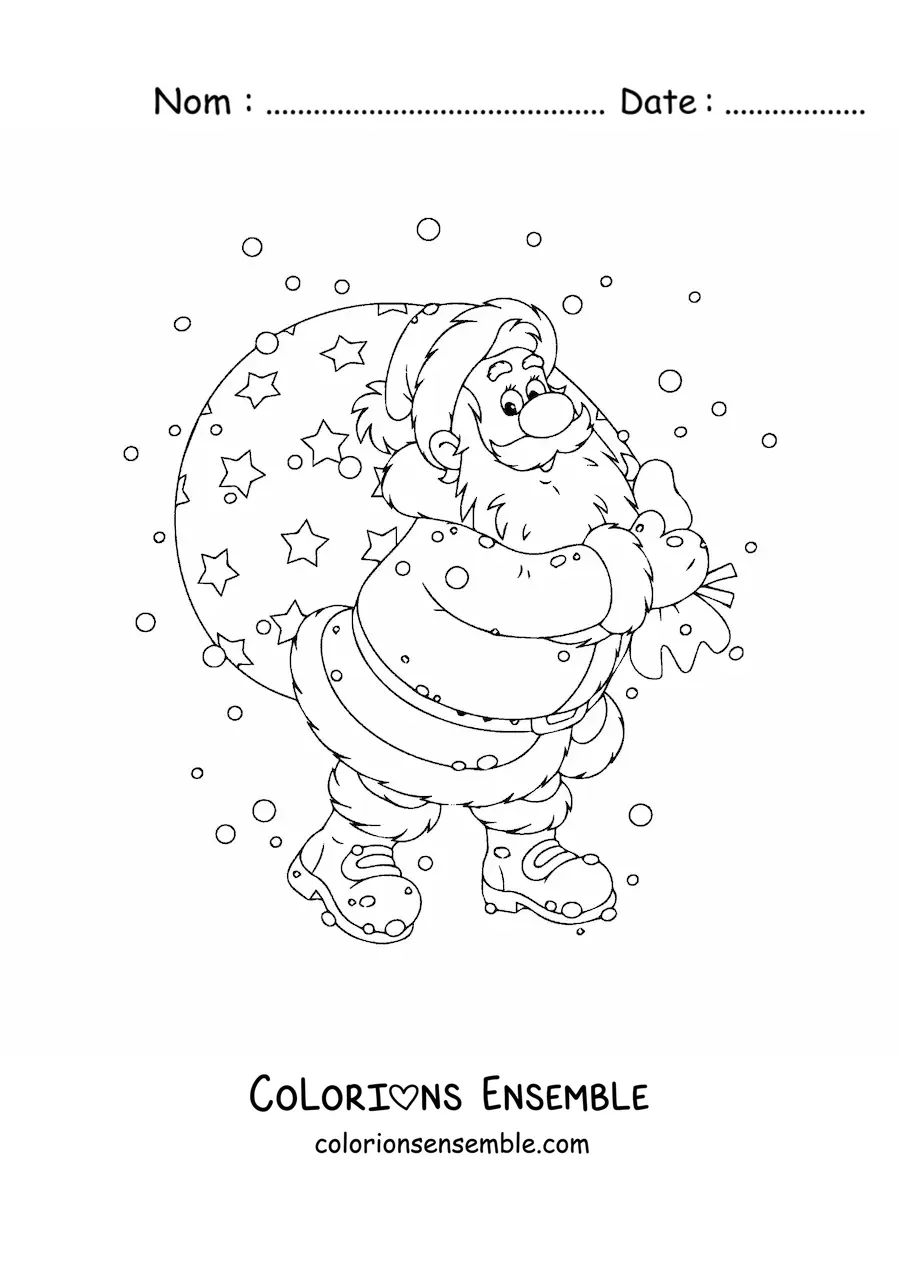 Image à colorier du Père Noël en dessin animé avec des cadeaux